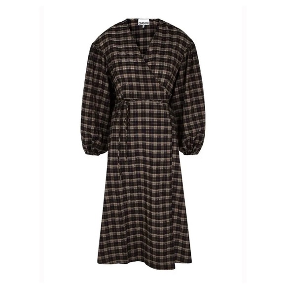 Ganni Brown Seersucker Wrap Dress - Picture 2 of 14